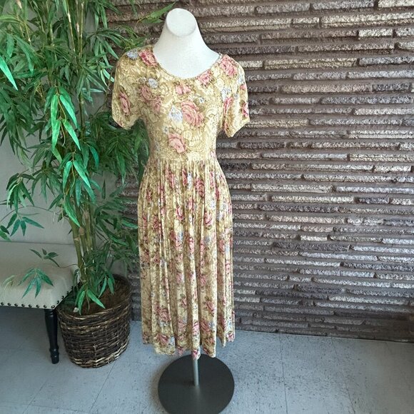 Jane Ashley Vintage 90s Gold Beaded Floral Grunge Back Tie Dress Size Small - Picture 12 of 13